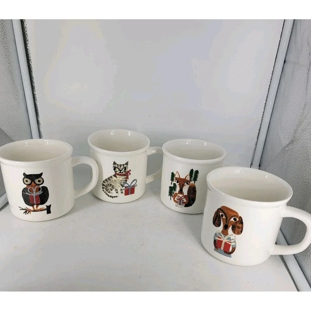 (4) Pottery Barn Denise Fiedler Whimsical Christmas Mugs Cat Fox Owl Dog 16 Oz